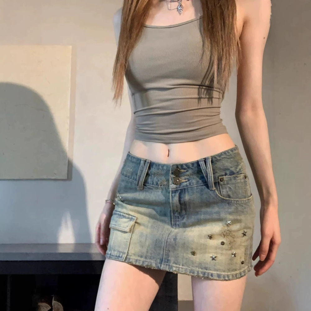 Zara Vintage Distressed Bodycon Low Rise Denim Mini Skirt Studded Y2K